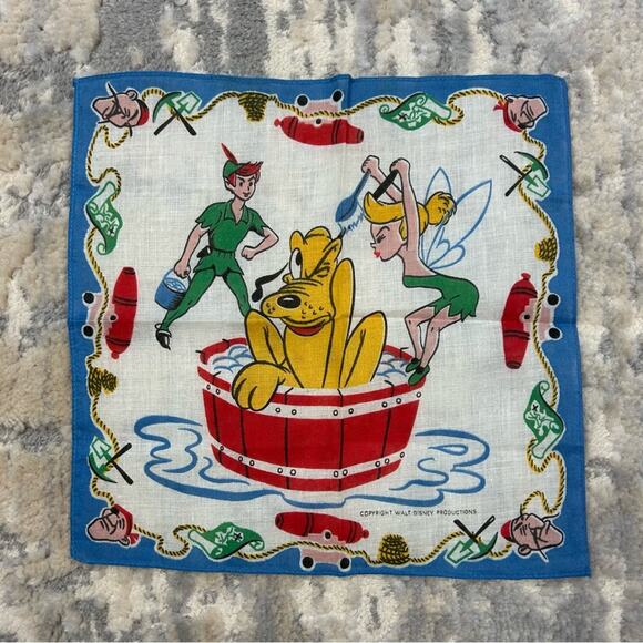 Vintage Walt Disney Production Pluto Robin Hood Tinkerbell Hankie Handkerchief - Picture 1 of 4